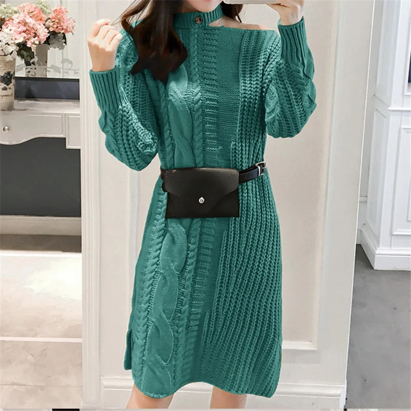 Fashion Autumn Knitted Dress Women Sweater Dresses Woman High Street Sweater Dress with Belt Woman Sweaters Split Thick Dresses Soft Cozy Warm