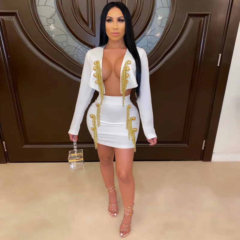 High Quality White Black Beading Long Sleeve Two Pieces Set Rayon Bandage Dress Evening Party Dress Tunics Fashionable trendy