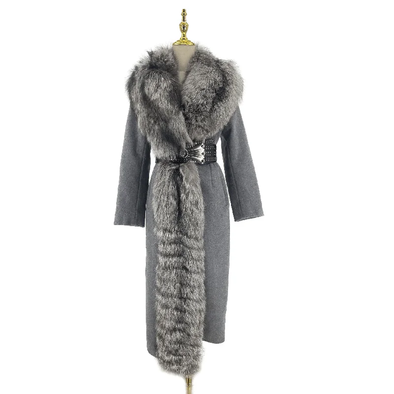 QIUCHEN QC21149 Fashion Winter Women Elegant Sexy Belt Luxury Woolen Jacket Cashmere Coat With Fox Fur Lace Jacket Ribbed Jacket Sequined Jacket