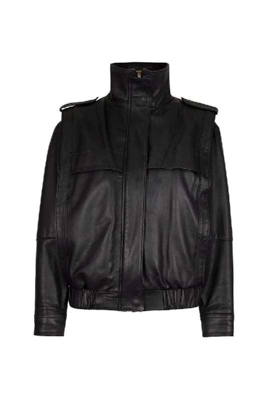 BLACK KATY LEATHER JACKET Boat Neck Shawl Collar Notched Collar