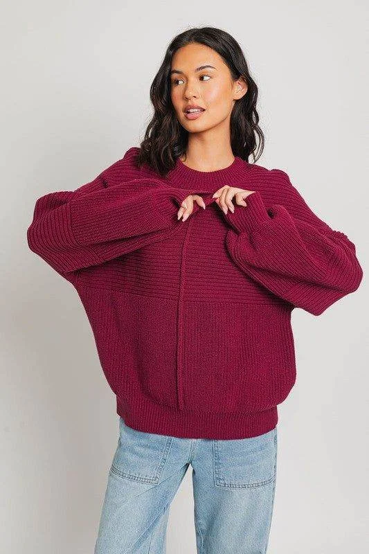 LE LIS Ribbed Knitted Sweater Notch Collar Peter Pan Collar Cowl Neck