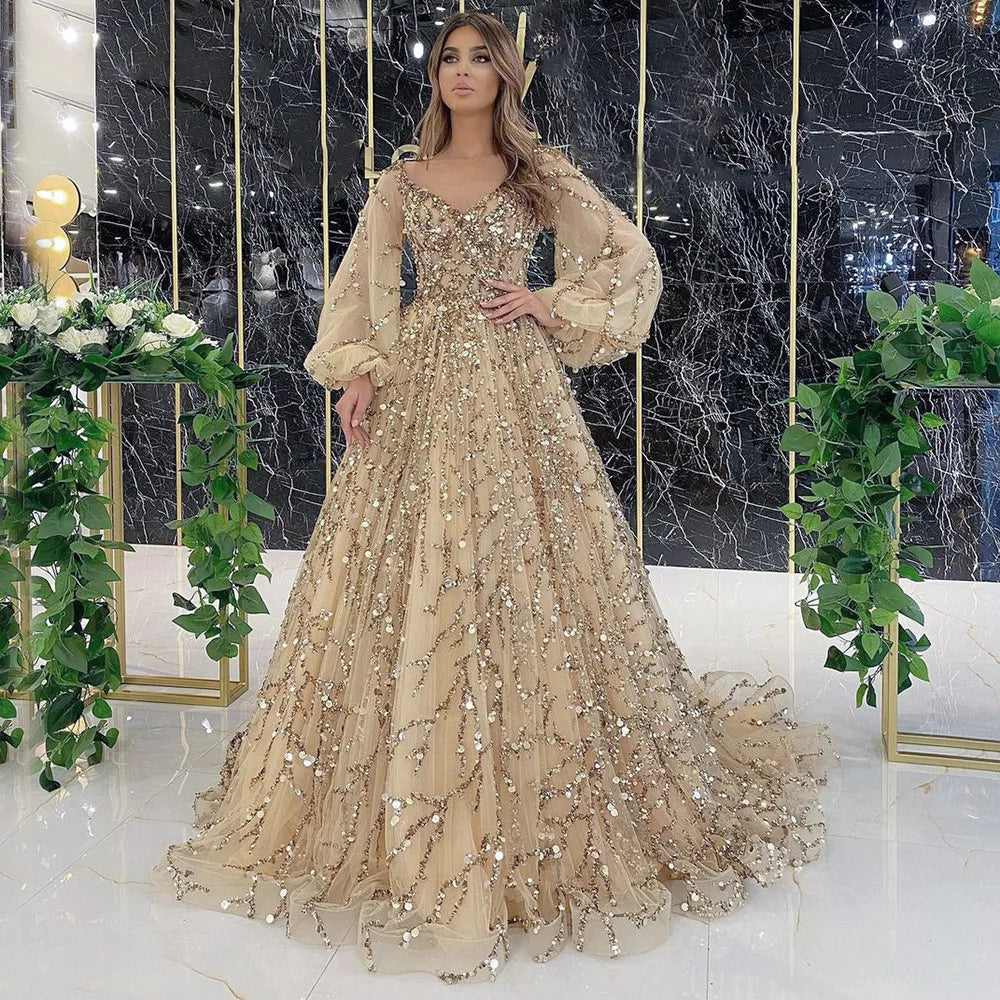Hot Selling 2024 Elegant Dress V Neck Sequined Skirt Puff Sleeve Backless Sexy Tight Skirt Ladies Evening Party Dress Pleated Skirt Elegant