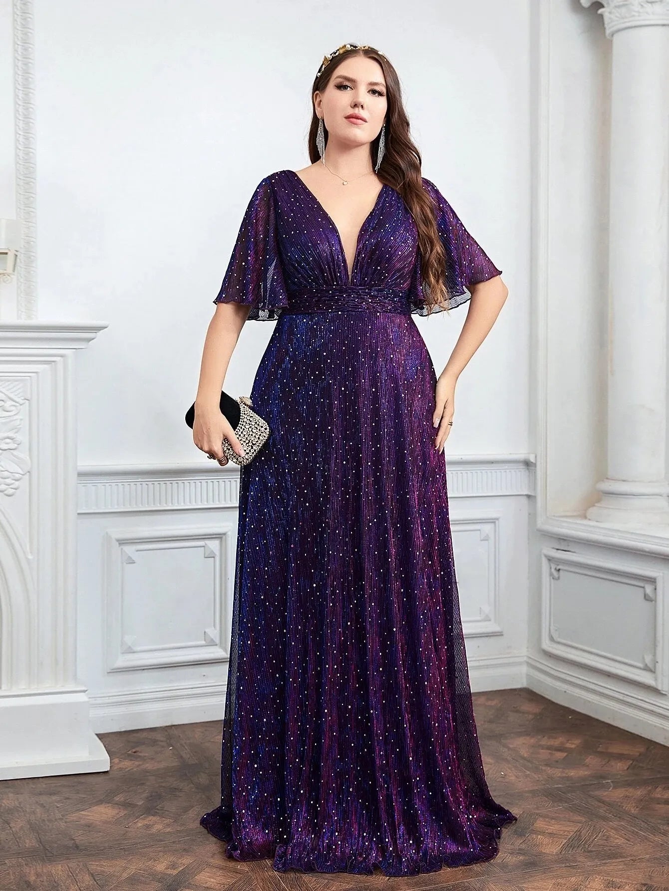 Wedding Bridesmaid Dress For Plus Size Female Fashion Plunging Neck Butterfly Sleeve Glitter Party Dresses Large Size Lady Dress Tunics Gym athletic