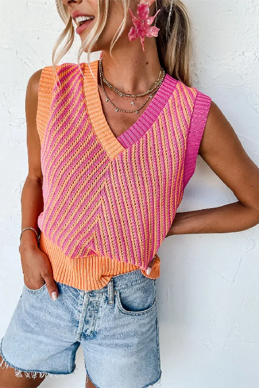 Contrast Chevron Knit V Neck Sweater Vest Ribbed Striped Patterned