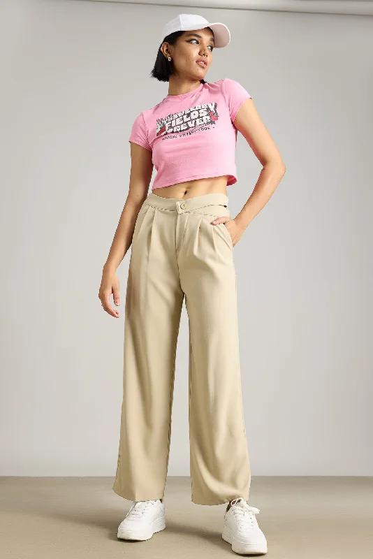 Beige Pleated Formal Korean Pants Soft Stretch Leggings