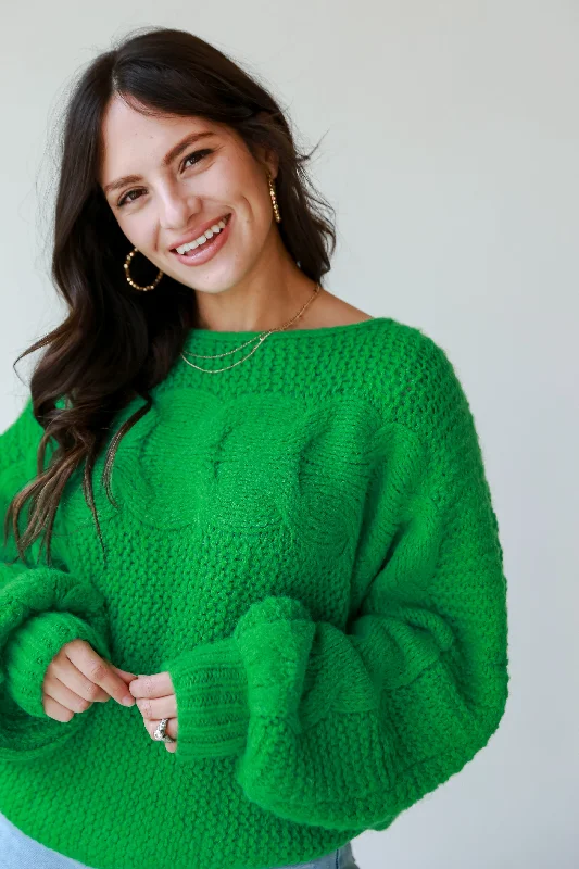 FINAL SALE - Luxe Outing Kelly Green Cable Knit Oversized Sweater Turtle Neck Boat Neck Asymmetrical Neck