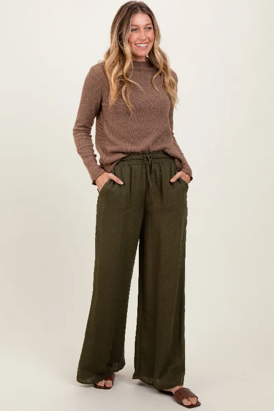 Olive Ruffled Drawstring Waist Wide Leg Pants Casual Wide Pants