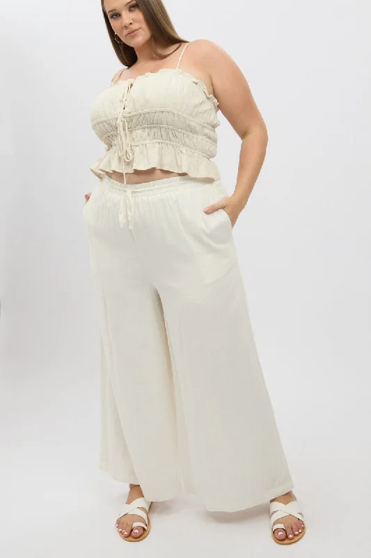 White Elastic Waist Wide Leg Linen Viscose Pants Classic Flared Pants