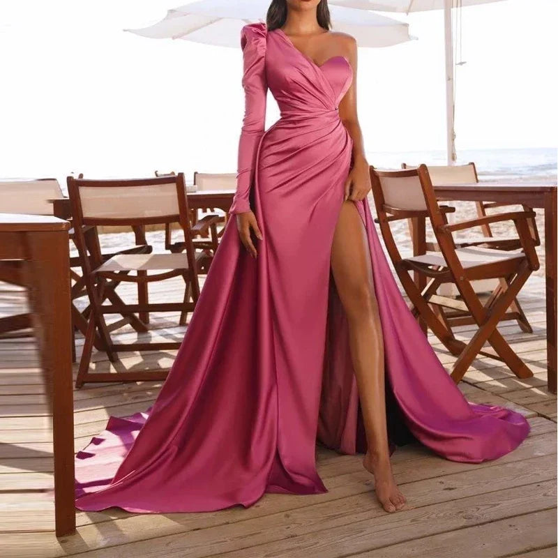 Wedding Party Dress One-shoulder Folds Split Fashion Long Dress Cocktail Elegant Tight-fitting Formal Dress Bridal Prom Vestidos Tunics Brand named