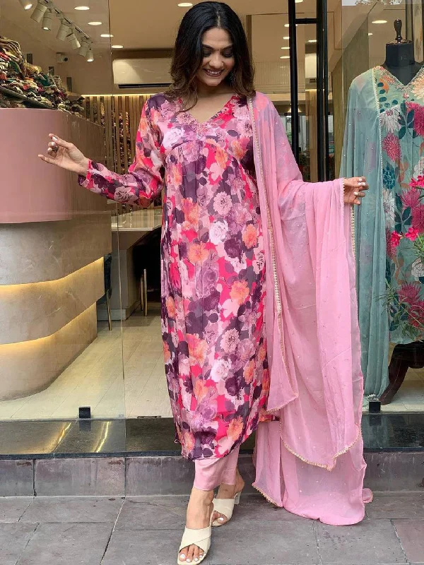 Pink Attractive Looking Readymade Pant Suit With Designer Printed Embroidery Work Cozy Knit Pants