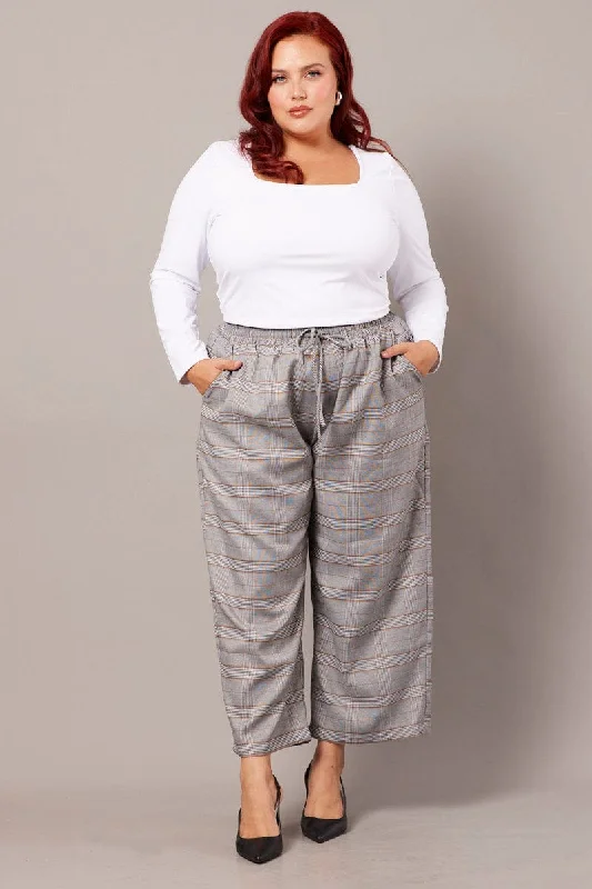 Grey Check Tapered Pants Elasticated Waist Cropped Fashionable Track Pants