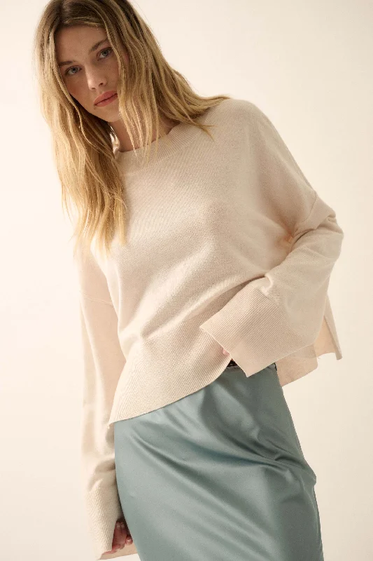 Feels Like Home Solid Knit Drop-Shoulder Sweater Mesh Blend Leather Blend Suede Blend