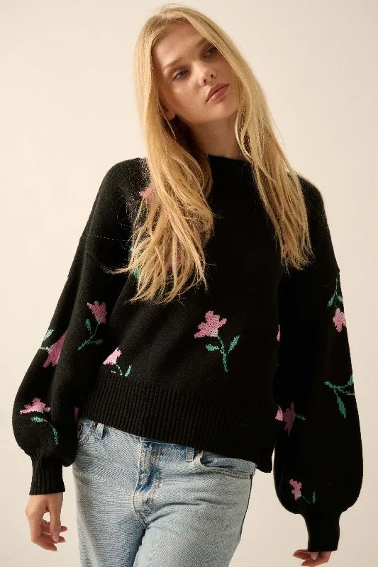 Plush Garden Floral Jacquard Bubble-Sleeve Sweater Sweater Knitwear Pullover