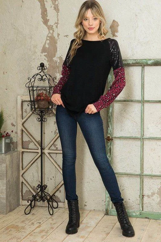 Trans Sequin Contrast Sweater Knit Welt Pockets Slit Pockets Flap Pockets