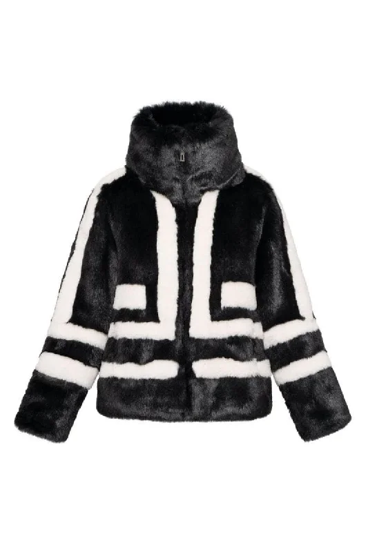 BLACK SPORTY FAUX FUR JACKET Lace Jacket Ribbed Jacket Sequined Jacket