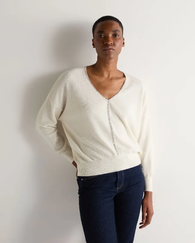 Women's Metal Trim V Neck Cashmere Sweater New Ivory White Hooded Caped Shawl Collar