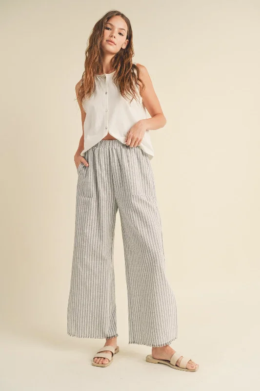 Heather Grey Striped Linen Slit Hem Pants High-Waist Jogger Pants