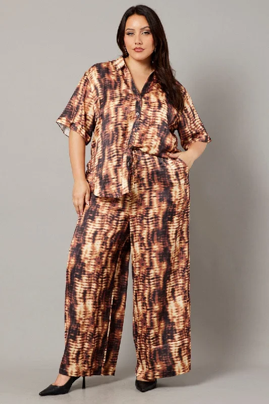 Brown Abstract Wide Leg Pants High Rise Satin Comfy High-Waist Jeans