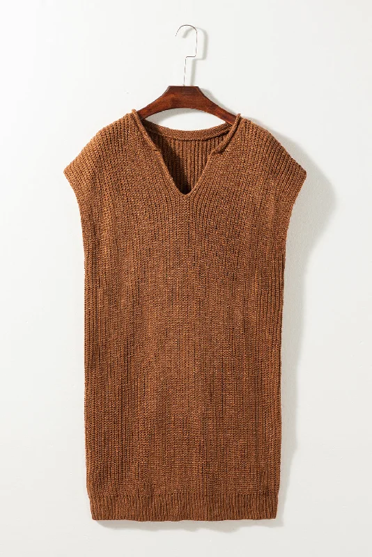 Solid Color Short Sleeve Notched V Neck Sweater Dress Zippered Front Buttoned Front Snap Front