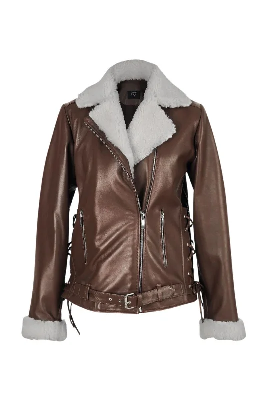 GAIA SHEARLING CAMEL LEATHER JACKET Front Pockets Side Pockets Patch Pockets