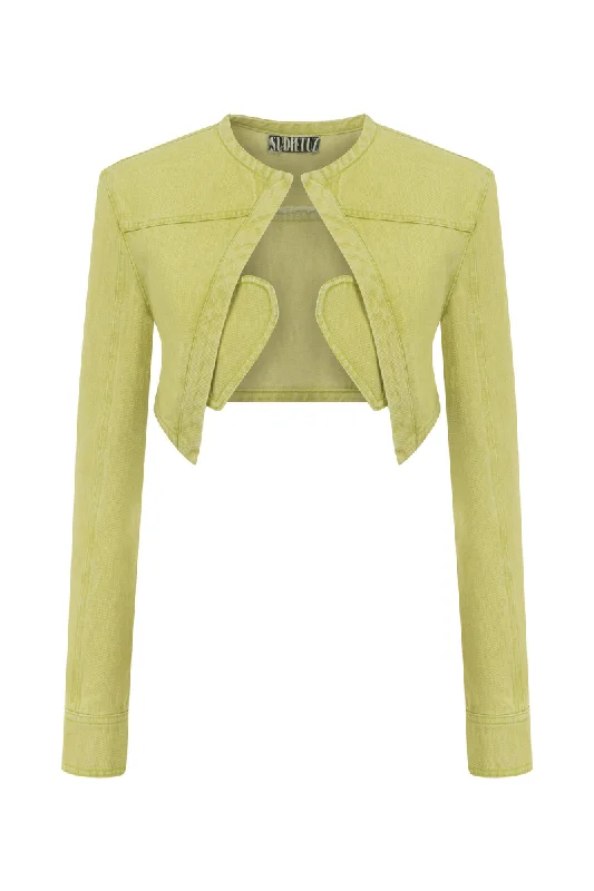 GREEN DENIM MINI CROPPED JACKET Wool Fabric Cashmere Fabric Tweed Fabric