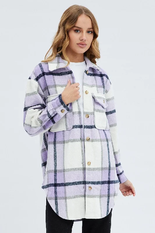 Purple Check Long Checked Print Jacket Long Sleeves Stand-Up Collar Roll-Neck Collar Turtle Neck Purple Check Long Checked Print Jacket Long Sleeves Stand-Up Collar Roll-Neck Collar Turtle Neck