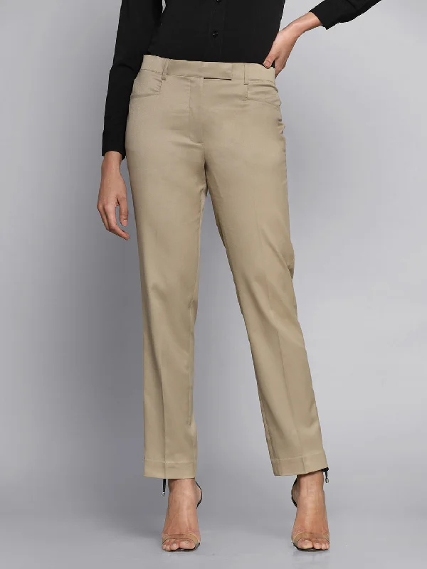 Poly Cotton Mid Waist Regular Fit Pants - Bamboo Beige Comfortable Denim Pants