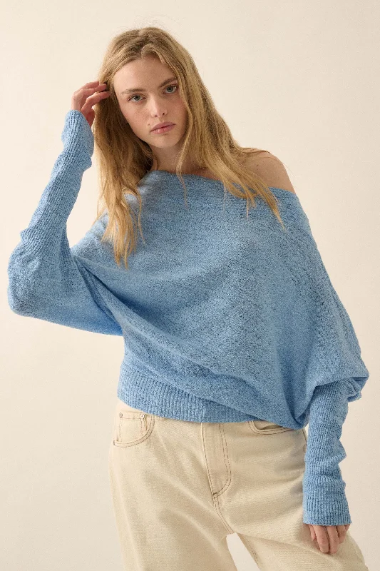 Too Blessed One-Shoulder Slub-Knit Dolman Sweater Spandex Blend Rayon Blend Denim Blend