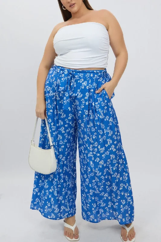 Blue Ditsy Tie Waist Wide Leg Pants Fashionable Work Pants