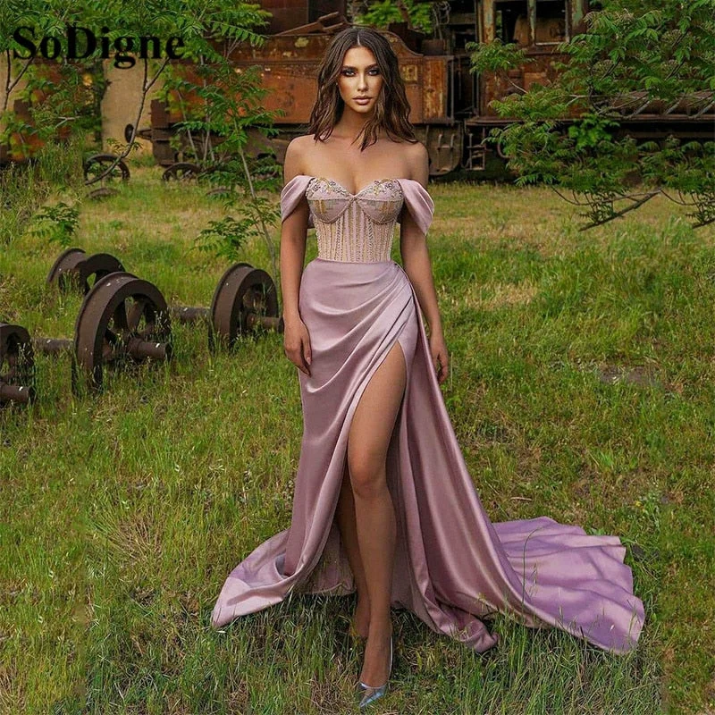StoreXQ Dubai Prom Party Dresses Promdress High Split Beads Sequined Purple Evening Gowns Long Off Shoulder Celebrity Dress Off-the-shoulder Bohemian Festive