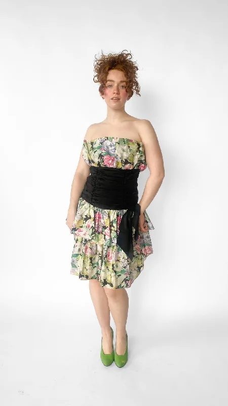1980s Floral Ruffled Party Dress, sz. XS Glittery Long Formal