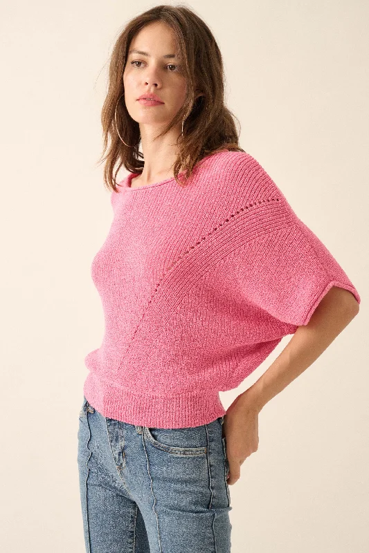 True Self Short-Sleeve Pointelle Rib-Knit Sweater Tailored Straight A-Line