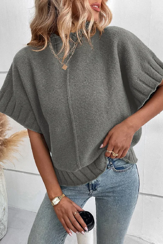 Medium Grey Mock Neck Batwing Short Sleeve Knit Sweater Polka Dot Checkered Tartan