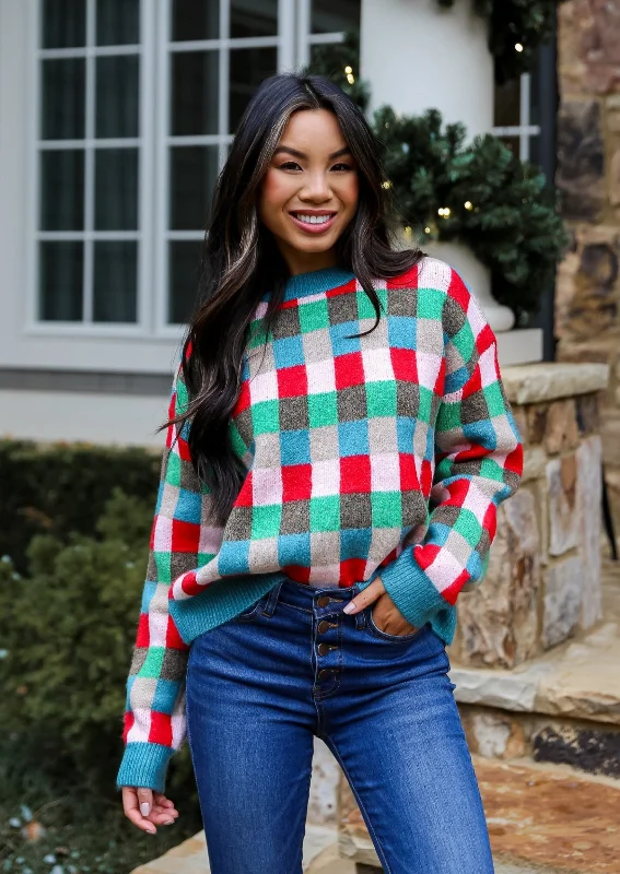 FINAL SALE - Warm Expression Checkered Sweater Transparent Opaque Sheer