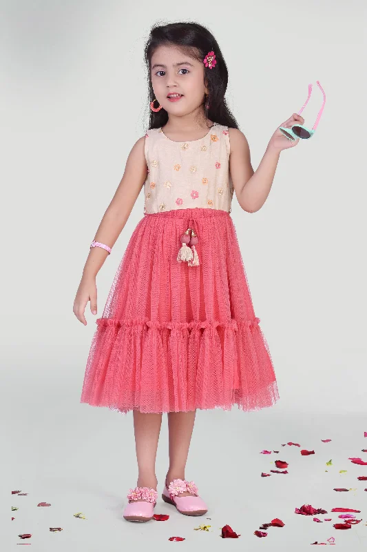 Girls White And Coral Net Party Dress For Girls Tunics Luxurious premium