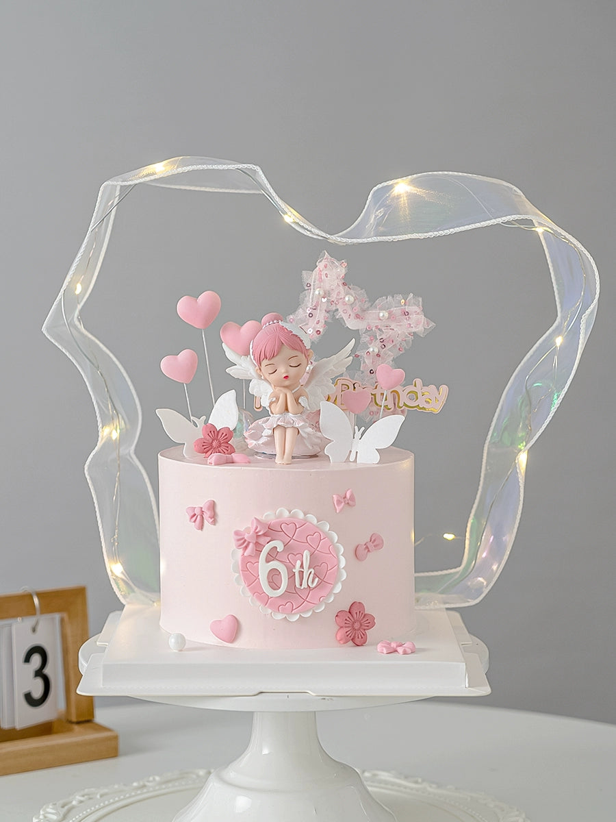 Baking Cake Topper Pink Ballet Closed Eyes Girl Bella Angel Decoration White Ribbon Full-Year Birthday Party Dress up Tunics Satin smooth