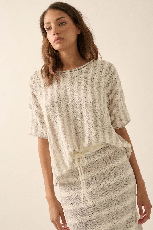 Born Free Striped Rolled-Edge Short-Sleeve Sweater Ribbed Striped Patterned