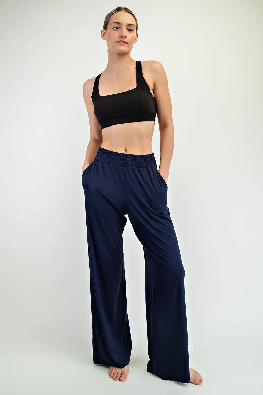 Navy Basic Wide Leg Pocketed Pants Trendy High-Waist Trousers
