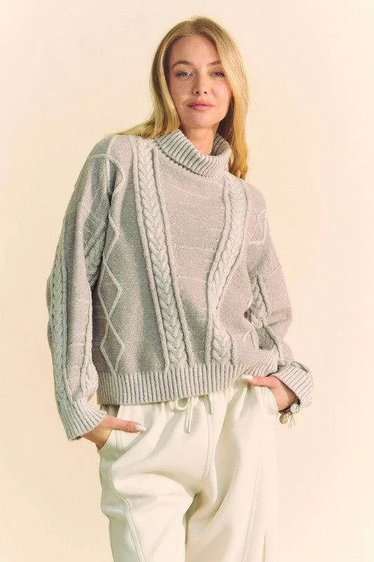 Davi & Dani Cable-Knit Turtleneck Dropped Shoulder Sweater Iron Safe Non-Iron Wrinkle Free