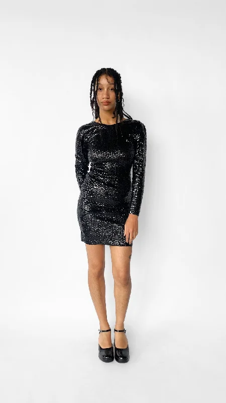 1990s Black Sequin Mini Party Dress, sz. S High-Low Hemline Casual
