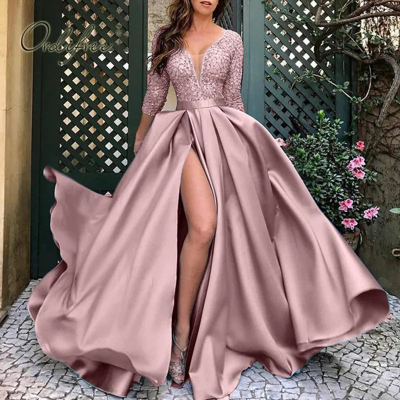 Evening Dress 2023 Length Long Party Dress Elegant Lady Lace Sequin Split Satin Sexy Maxi Evening Dress S-5XL Tunics Sale discount