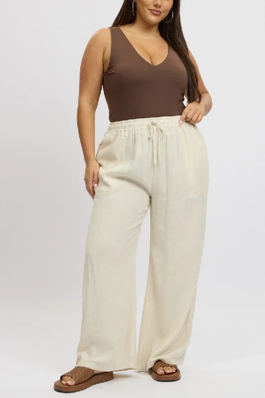 Beige Elastic Waist Wide Leg Linen Blend Pants Formal Dress Pants