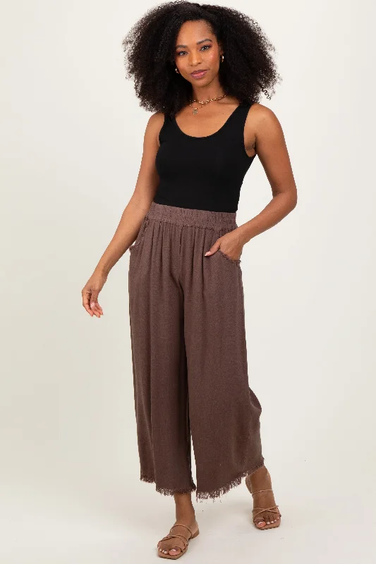 Brown Linen Frayed Hem Crop Pants Classic Bootcut Trousers