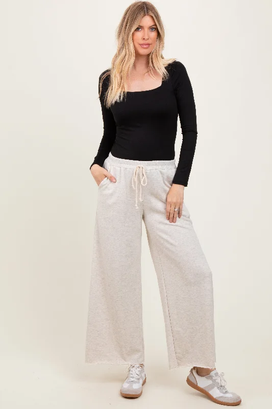 Beige French Terry Raw Edge Wide Leg Pants Classic Chino Pants