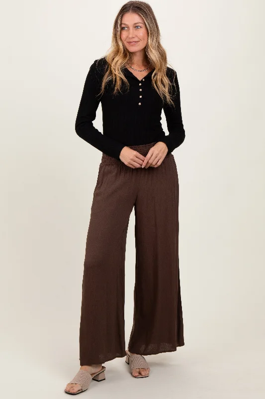 Brown Wide Smock Waist Pants Stylish Slim Trousers