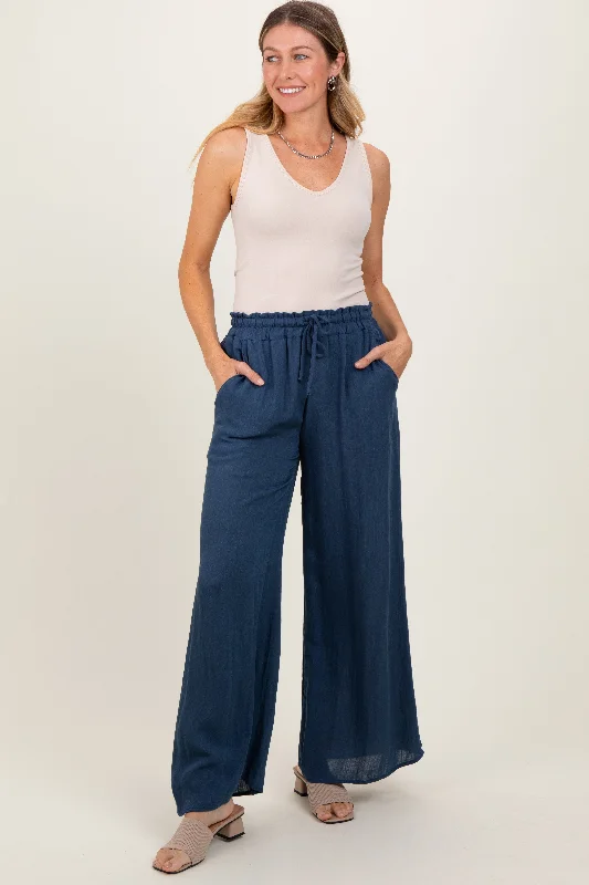 Navy Ruffled Drawstring Waist Wide Leg Pants Stylish Elastic Waist Pants