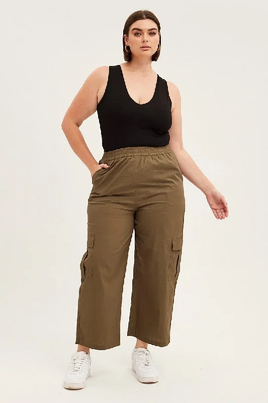 Green Cargo Wide Leg Pants High Rise Lightweight Jogger Pants