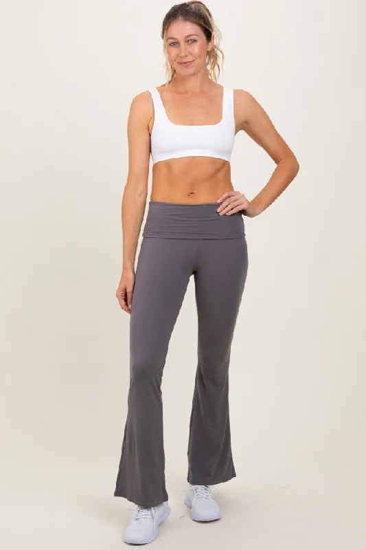 Grey Fold Over Waistband Flared Pants Comfortable Pleated Pants