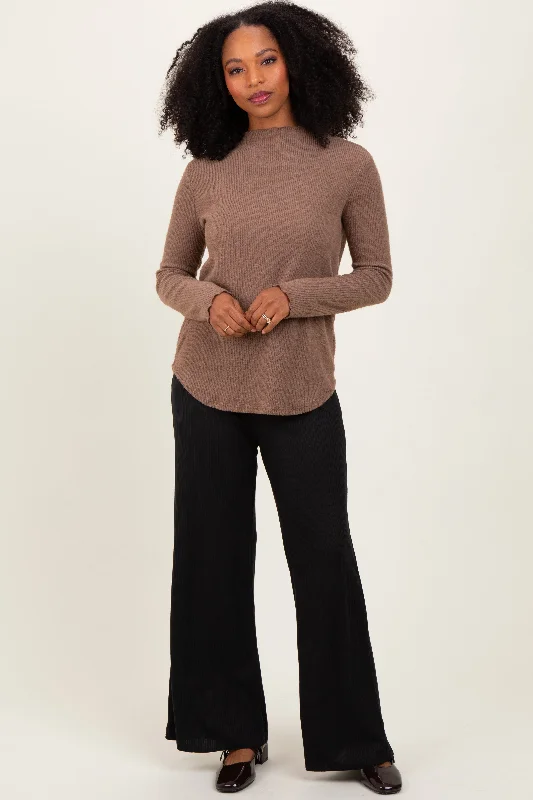 Black Ribbed Smocked Waistband Wide Leg Pants Soft Wool Pants