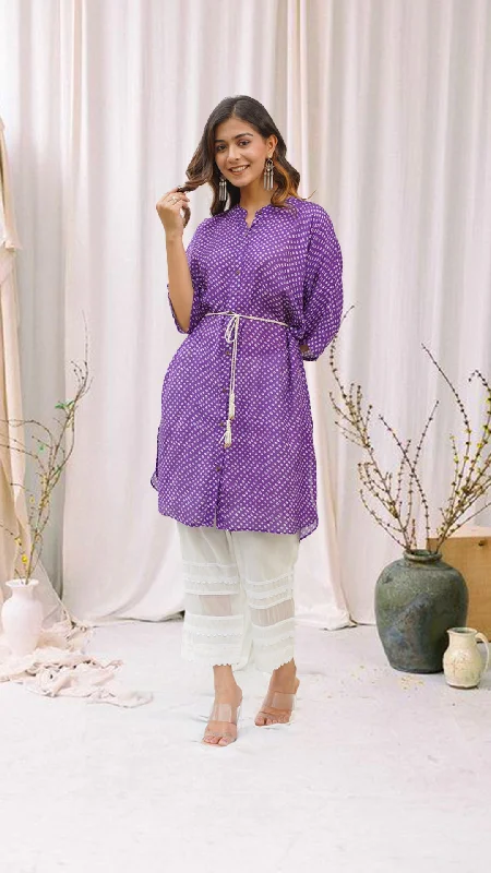 Purple Bhandej Print Kurta Dress with Dori Belt and Cotton Pants Chic Wool Trousers